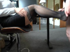 during office work boss uses ignorant secretaries nylon feet for footjob - cum on soles