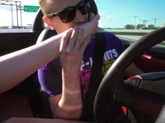 Feet licking and toe sucking in a sportcar driving at 80 mph
