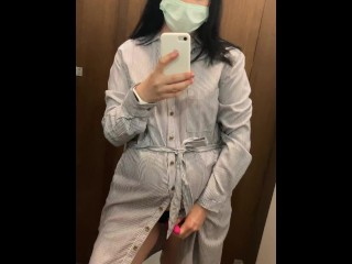 Pregnant beauty masturbates in a clothing store and tries on_dresses