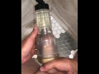 Fucking My Wall Mounted Clear Fleshlight in the Public_Shower, Double Barrel Fucked withA BBC Dildo