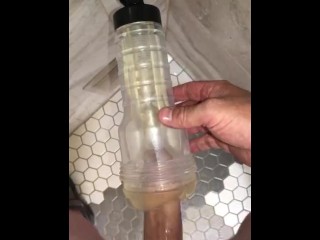 Fucking my wall mounted Clear Fleshlight in the Public Shower,double barrel fuckedwith a BBC Dildo