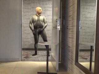 Showing Dolphin Wetsuit Bulge And Silicone Mask At Hotel Door And Window, No Cum