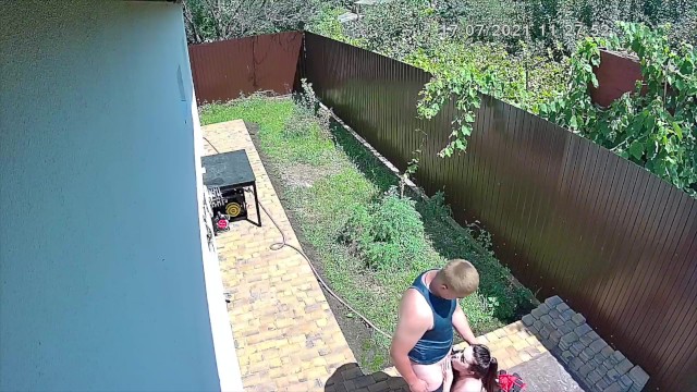 Caught in front of a security camera. Busty girl sucks boyfriend in my backyard! 4