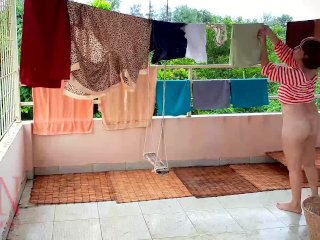 Naked Laundry. The Maid Is_Drying Clothes in theLaundry.