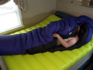 Down Jacket Fetish Lover Fucks Huge Down SleepingBag on air mattress. Cumshot On Nylon