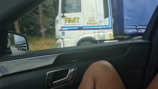 Exhibitionist Hot Latina Voyeur UPSKIRT No Panties In A Car On PUBLIC HIGHWAY Flashing Her Pussy