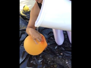 Shiny Leotard Balloon Climb-in_Using Gallons of_Slime