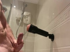 Fucking fleshlight in shower before masturbating lubed big cock to cumshot in bath