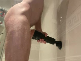 Fucking Fleshlight in Shower Before Masturbating Lubed Big Cock to CumshotIn Bath, Hot_Straight Guy