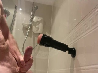 Fucking fleshlight in shower before masturbating lubed big cock to cumshot in bath, hot straight guy