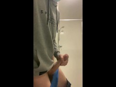 Horny building manager is bursting to cum while inspecting rooms. Big cock jerked to cumshot at work