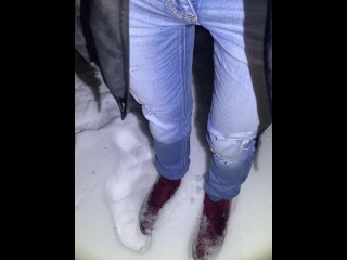 Girl Desperately Pisses_Her Jeans In_The Snow