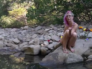 Naked Milf Smoking, Blowing Bubbles, Masturbates, and WashingPussy in Creek