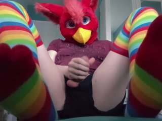 Fursuit Teasing With Cute Rainbow Socks, Stripping, And Cumming Inside Condom