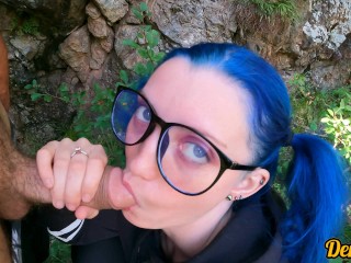 schoolgirl with_blue hair in glasses loves to have sex in public andgets cum