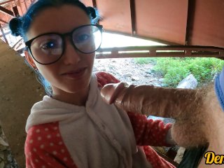 sex under the bridge with a cute schoolgirl in glasses she loves to get cum on her face