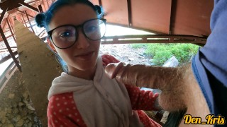 Outside Sex Beneath The Bridge With A Cute Schoolgirl In Glasses Who Enjoys Getting Cum On Her Face