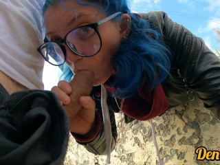cutie with butt plug and jacket glasses with blue hair loves to have sex sucking dick on the_river