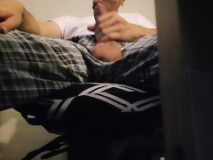 Stroking my fat cock at the new office