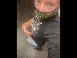 Masked Milf Play With Pussy and Tampon String In Public Restroom BeforePissing