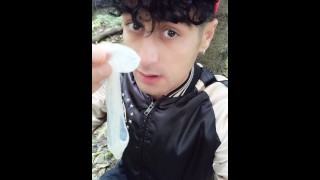 Outside Taking A Cum Load From A Used Condom Rinsing The Mouth With Cum And Swallowing Cum Outside