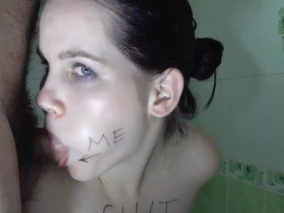 Hot Bitch Sucks Dick And Gets Cum On Her Face. Sex Service In The Bathroom
