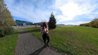 Crossdresser flashing boobs by the side of a busy highway