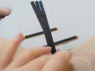 Cute Schoolgirl Putting Pencils Very_Deep in_Her Little Pussy
