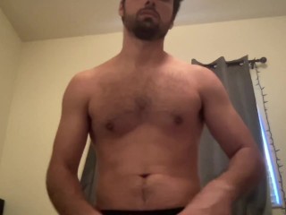 fit guy moans during stroking his big dick, has uncontrollable shaking orgasm
