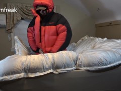 Marmot Parka and Shiny Silk Comforter Bed Humping with cumshot finish. Down Jacket Fetish fun.