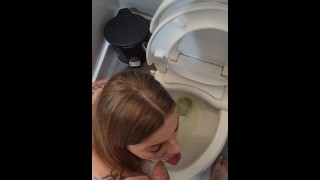 Redhead Thirsty For Piss Laps Up Streaming Piss With Tongue On Knees By Toilet
