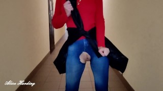 Alice walks down the office corridor in jeans with a hole in her pussy without panties