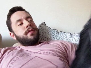 Bearded and hairy college cub wanks on couch with dirty underwear he uses as a cum rag