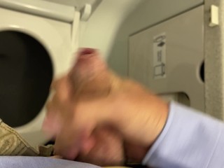 Business man touches himself and jerksoff in the bathroom on a plane to Amsterdam_(almost caught)