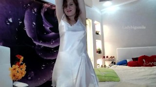 Panties Beautiful Redhead Dance Tease In Satin White Gown And Transparent Panties
