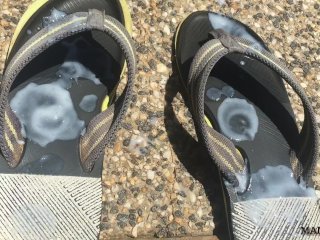 Neighbour Fucking Ejaculated Into My Flip Flops! - Cum Foot Fetish