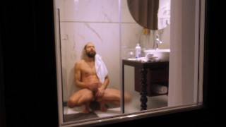 Jerking Off Mature Man Filmed From Outside While Showering And Jerking Off His Hard Cock