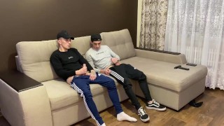 Two Buddies Jerk Off In Their Sporwear And Cum