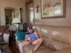 Jacking off In the living room almost got caught then Cumm everywere