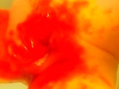 Red & yellow body paint masturbation 