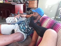 Bear gets OTC feet covered sox worshipped and cum on