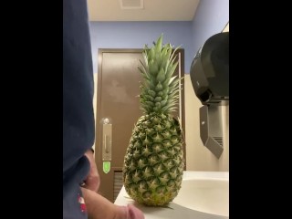 Take a pineapple at the_grocery into the public restroom to masturbate and cum all_over it