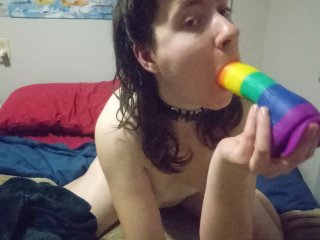 Riding Thick Rainbow Dildo While Moaning