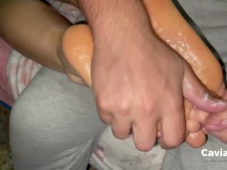 she wants_a very creamy foot massage and I give her all my cream with my cock_between her feet