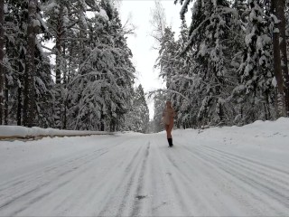 Russian Nude Girl walking_on the winter forest