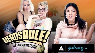 Nerdy Roommates Kendra Spade And Chloe Cherry Of GIRLSWAY Pretend To Be In A Sitcom While Banging A Friend