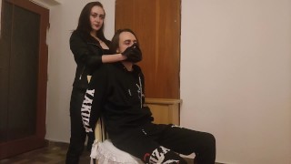 Playful Hand Over Mouth Bondage With Leather Gloves