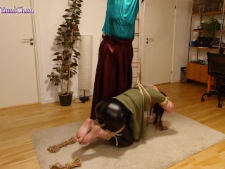 Shibari & Petplay fun! Part 1 - Girl is tied up humiliation play &suspended w crotch rope &clamps