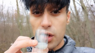 Making cum drink from two filled condoms after I was fucked public and my jerk off after cum eating