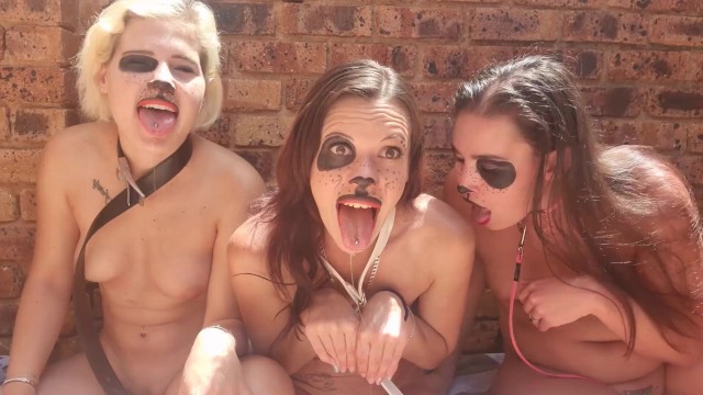 3 drooling topless sluts sitting outside sticking tongues out  heavy make up  spit fetish